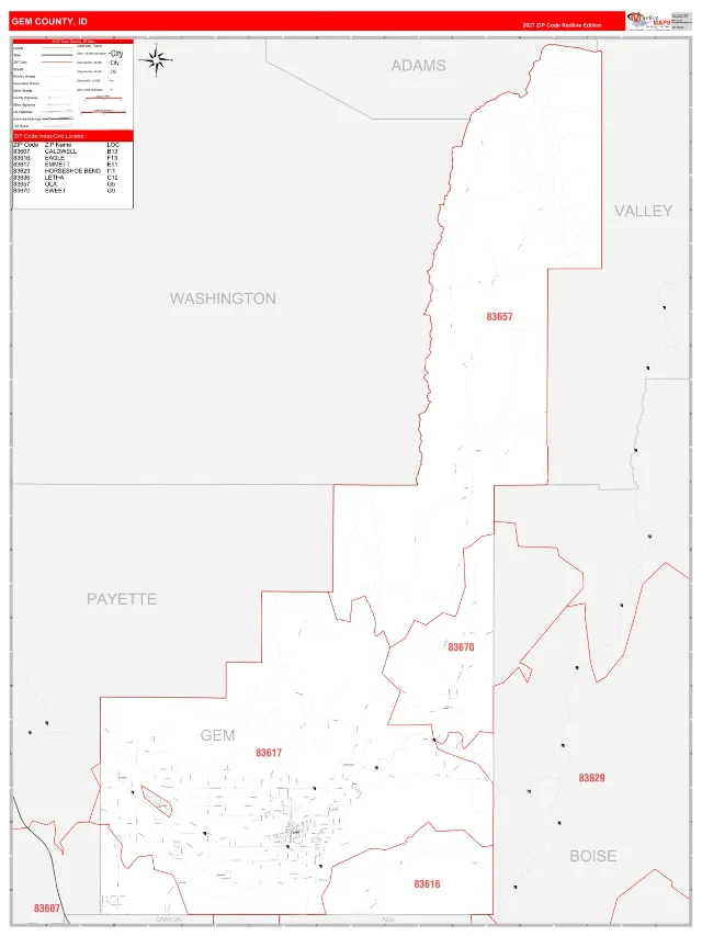 Gem County, ID ZIP Code Wall Map, RedLine style
