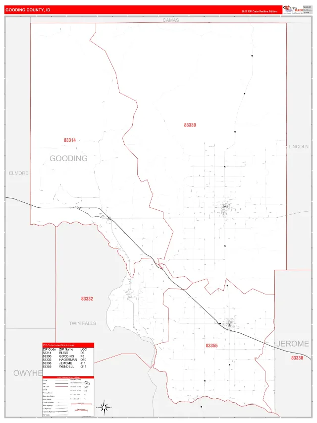 Gooding County, ID ZIP Code Wall Map, RedLine style