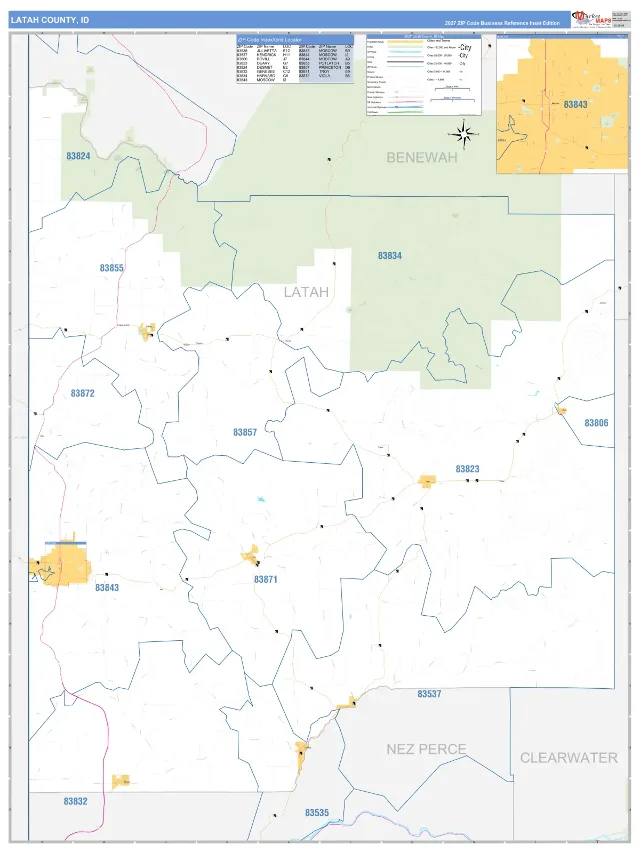 Latah County, ID ZIP Code Wall Map, Business Reference style