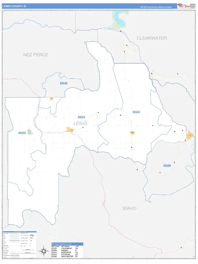 Lewis County, ID ZIP Code Wall Map, Business Reference style