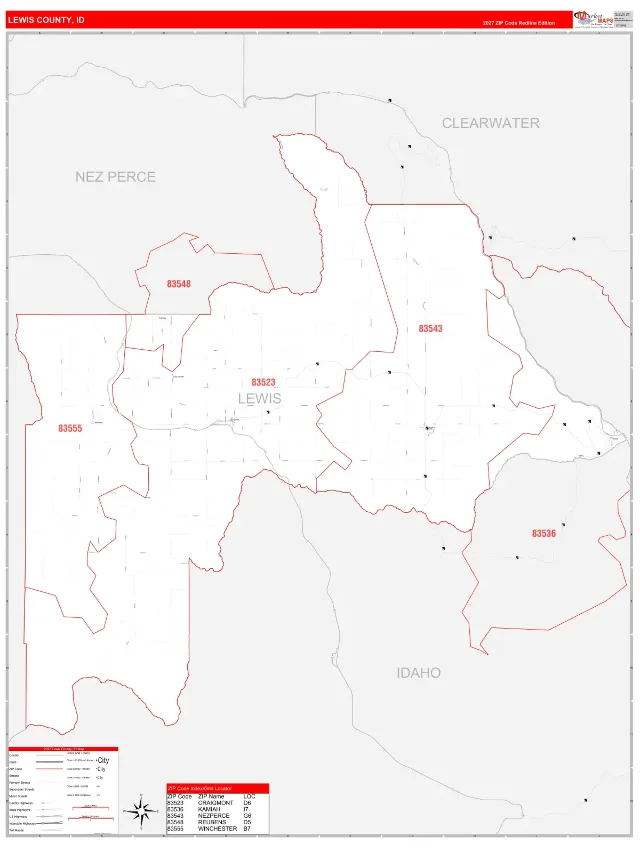 Lewis County, ID ZIP Code Wall Map, RedLine style