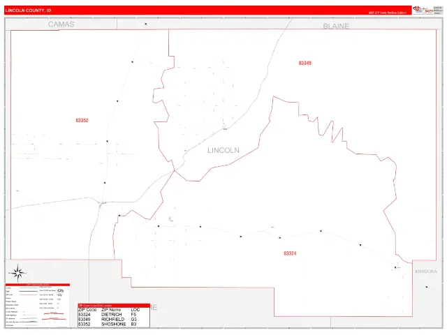 Lincoln County, ID ZIP Code Wall Map, RedLine style