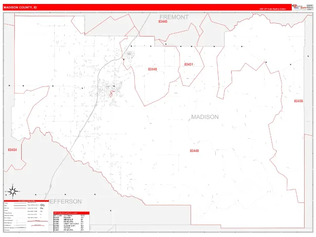 Madison County, ID ZIP Code Wall Map, RedLine style