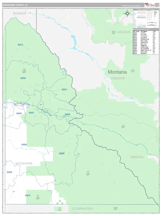 Shoshone County, ID ZIP Code Wall Map, Classic style