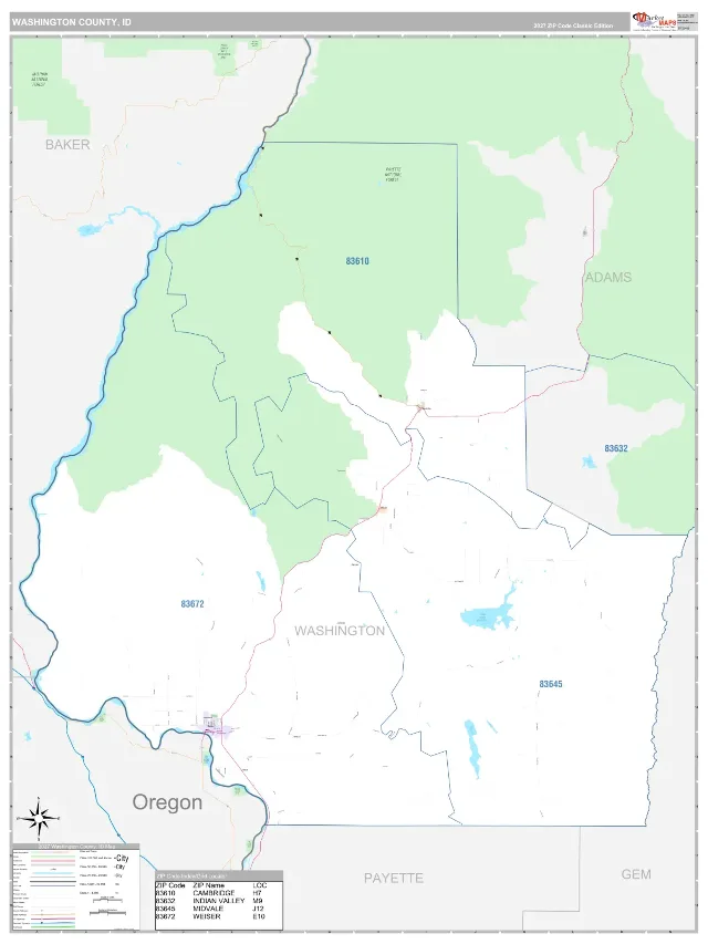 Washington County, ID ZIP Code Wall Map, Classic style