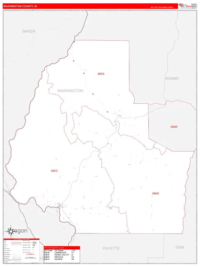 Washington County, ID ZIP Code Wall Map, RedLine style
