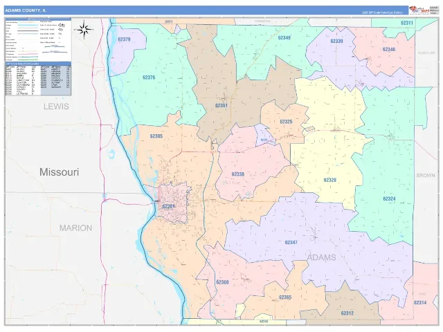 Adams County, IL ZIP Code Wall Map, ColorCast style