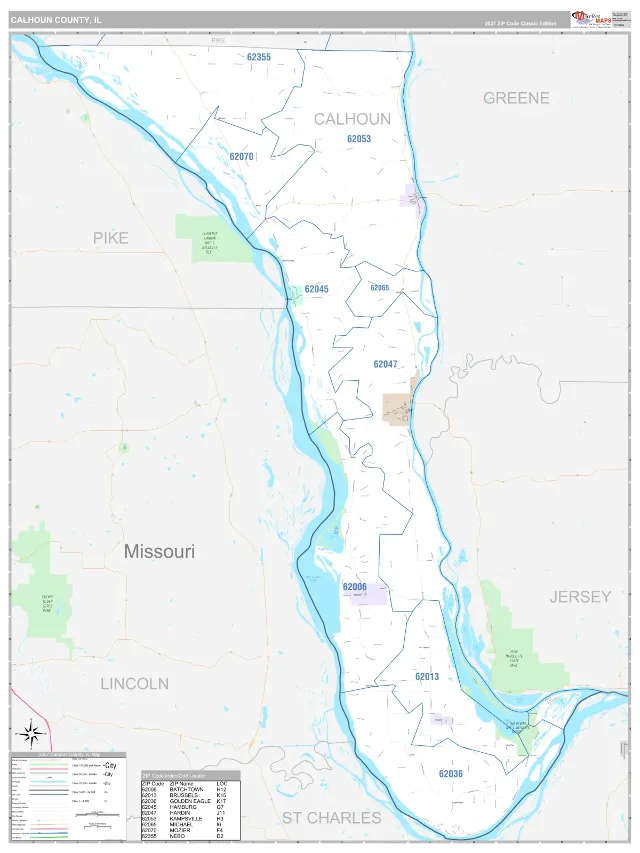 Calhoun County, IL ZIP Code Wall Map, Classic style
