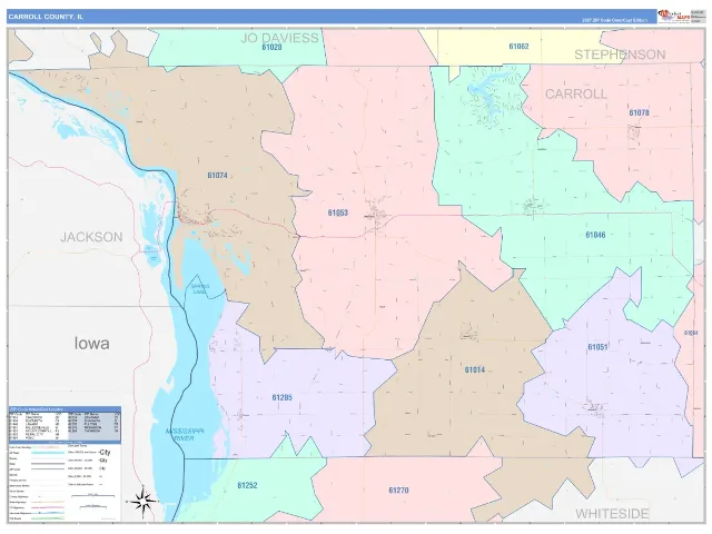 Carroll County, IL ZIP Code Wall Map, ColorCast style