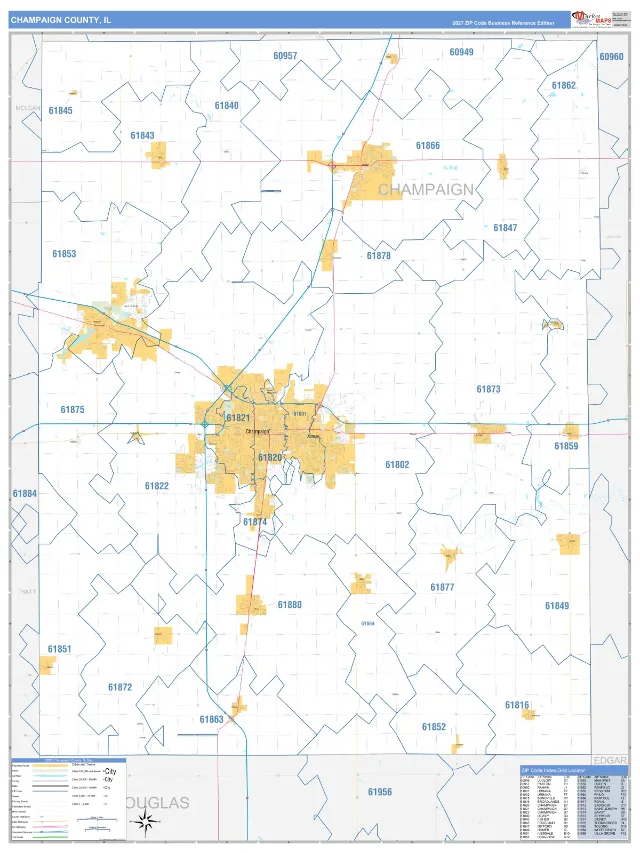 Champaign County, IL ZIP Code Wall Map, Business Reference style
