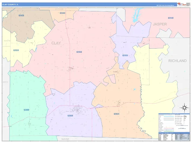Clay County, IL ZIP Code Wall Map, ColorCast style
