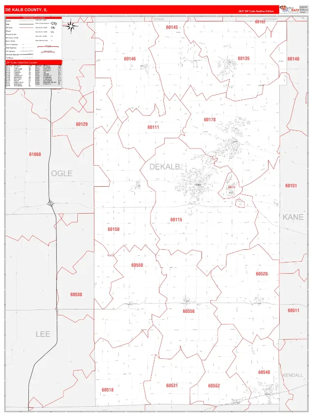 DeKalb County, IL ZIP Code Wall Map, RedLine style