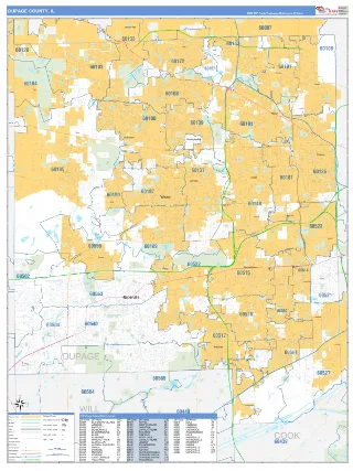 DuPage County, IL Business Reference style ZIP Code wall map
