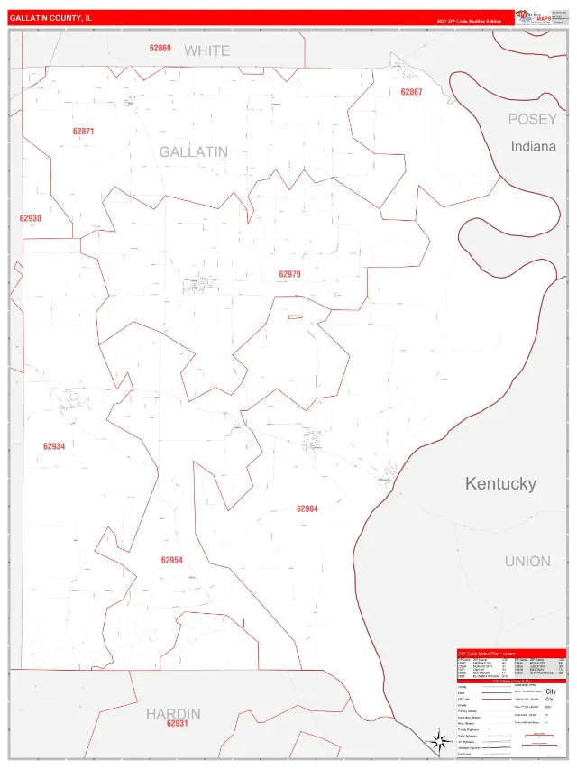 Gallatin County, IL ZIP Code Wall Map, RedLine style