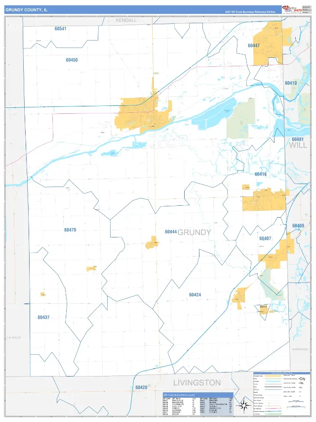 Grundy County, IL ZIP Code Wall Map, Business Reference style