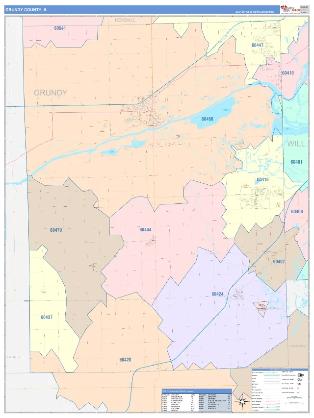 Grundy County, IL ZIP Code Wall Map, ColorCast style