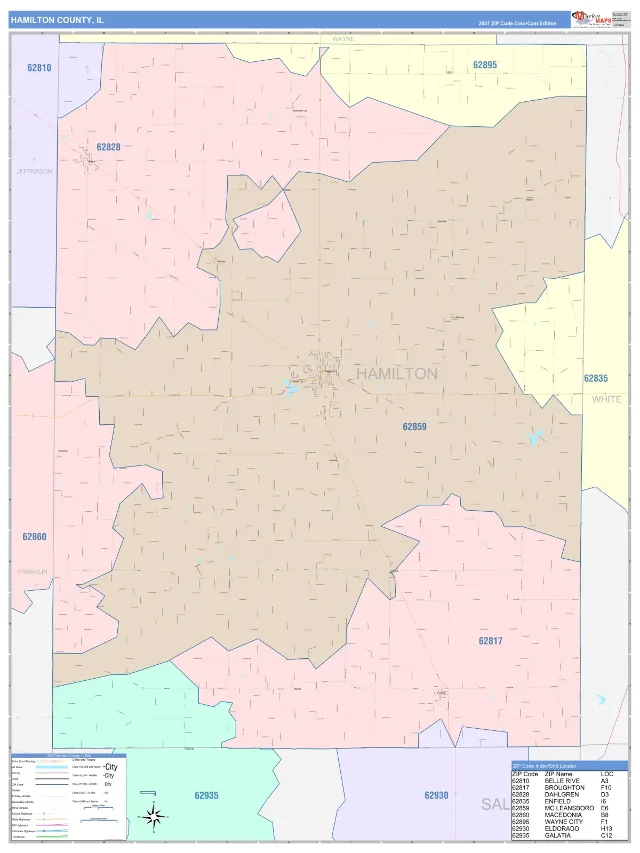 Hamilton County, IL ZIP Code Wall Map, ColorCast style