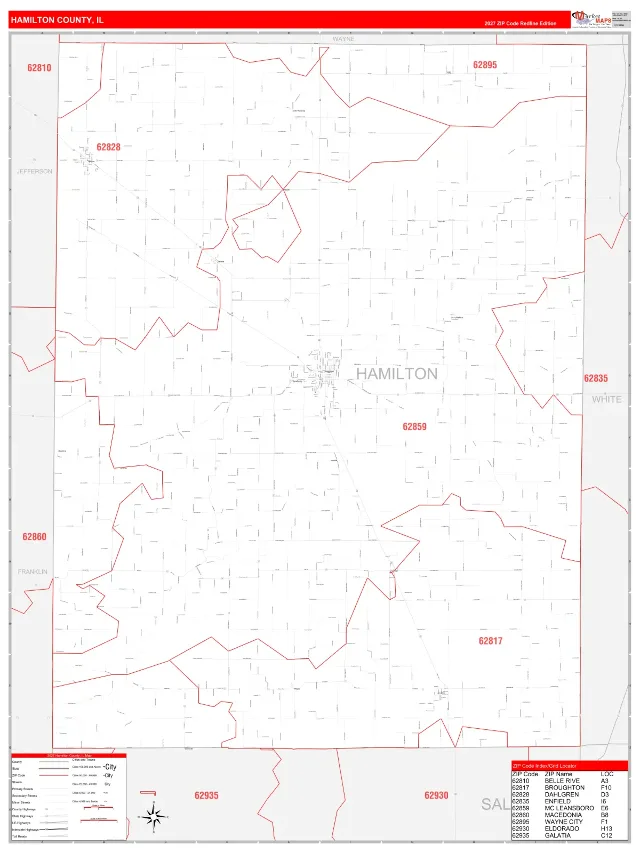 Hamilton County, IL ZIP Code Wall Map, RedLine style