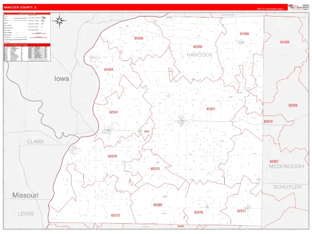 Hancock County, IL ZIP Code Wall Map, RedLine style