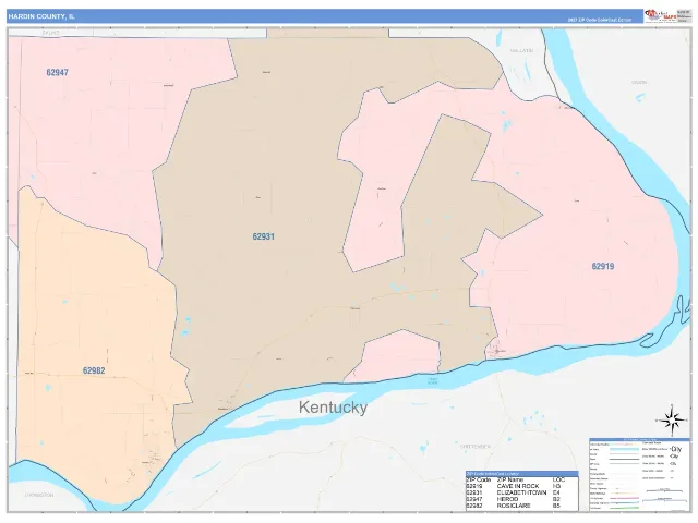 Hardin County, IL ZIP Code Wall Map, ColorCast style