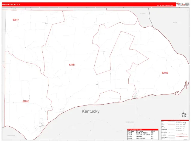 Hardin County, IL ZIP Code Wall Map, RedLine style