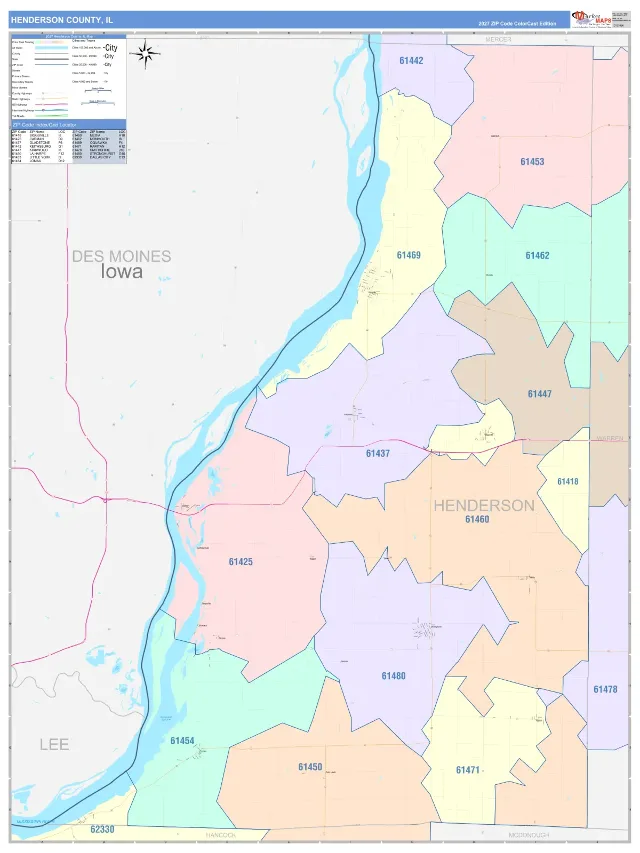 Henderson County, IL ZIP Code Wall Map, ColorCast style