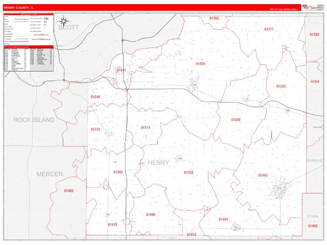Henry County, IL ZIP Code Wall Map, RedLine style