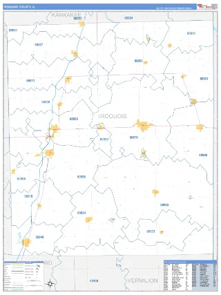 Iroquois County, IL Business Reference style ZIP Code wall map
