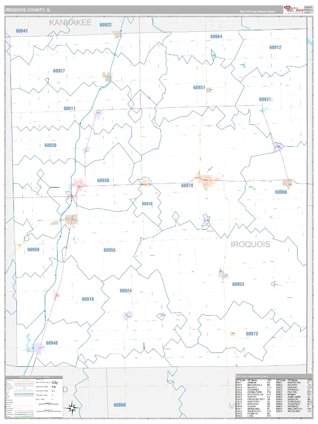 Iroquois County, IL ZIP Code Wall Map, Classic style