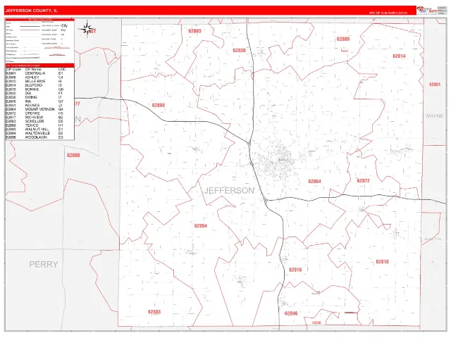 Jefferson County, IL ZIP Code Wall Map, RedLine style