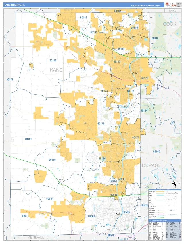 Kane County, IL ZIP Code Wall Map, Business Reference style