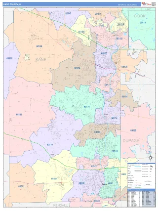 Kane County, IL ColorCast style ZIP Code wall map