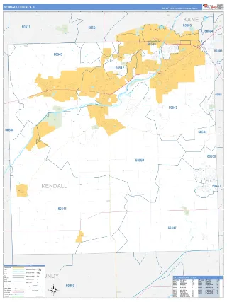 Kendall County, IL Business Reference style ZIP Code wall map