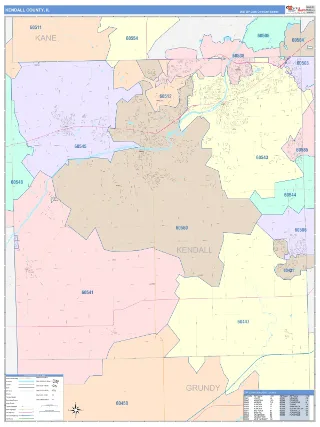 Kendall County, IL ColorCast style ZIP Code wall map