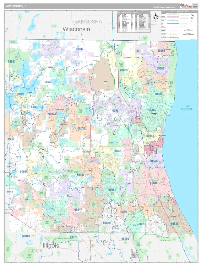 Lake County, IL ZIP Code Wall Map, Classic style