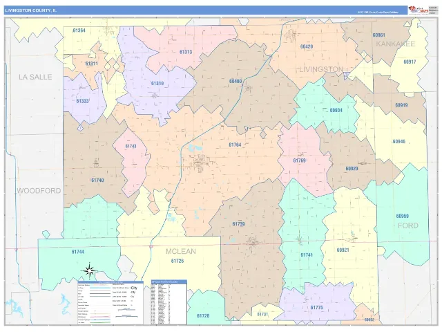 Livingston County, IL ZIP Code Wall Map, ColorCast style