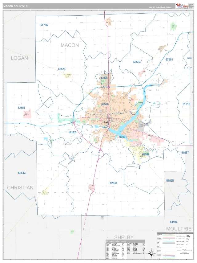 Macon County, IL ZIP Code Wall Map, Classic style
