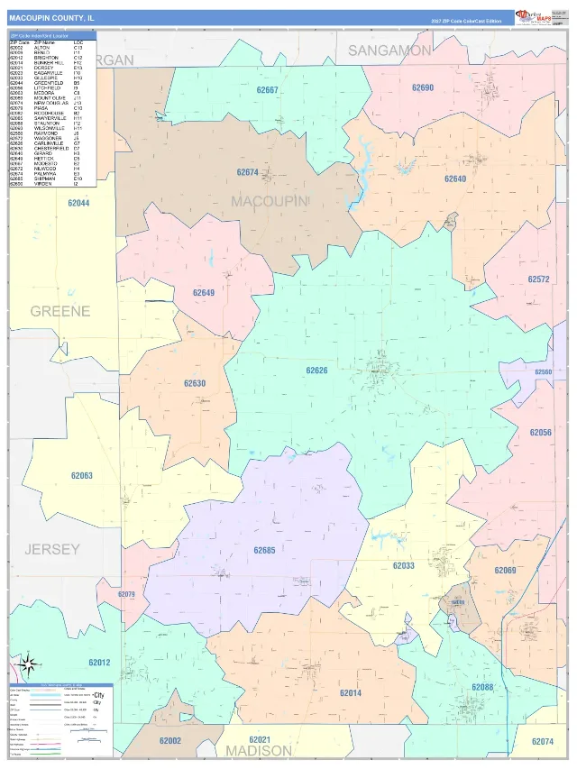 Macoupin County, IL ZIP Code Wall Map, ColorCast style
