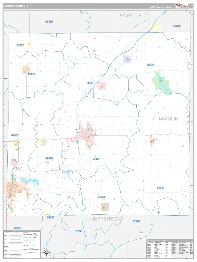 Marion County, IL ZIP Code Wall Map, Classic style