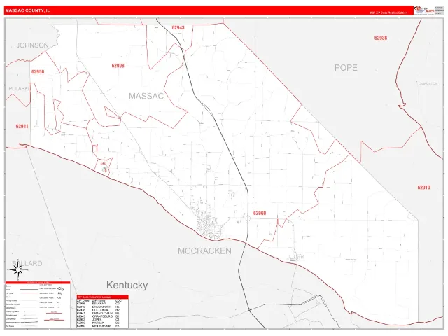 Massac County, IL ZIP Code Wall Map, RedLine style