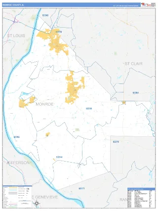 Monroe County, IL Business Reference style ZIP Code wall map