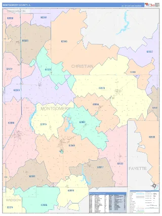 Montgomery County, IL ColorCast style ZIP Code wall map