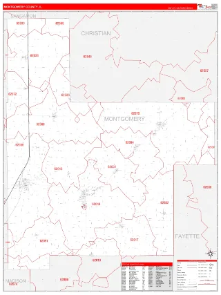 Montgomery County, IL RedLine style ZIP Code wall map
