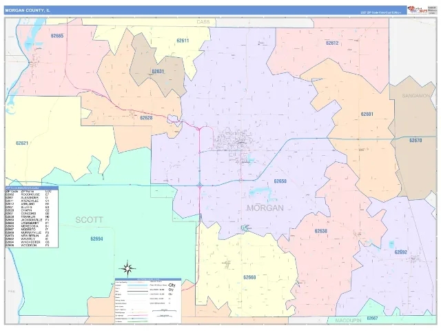 Morgan County, IL ZIP Code Wall Map, ColorCast style