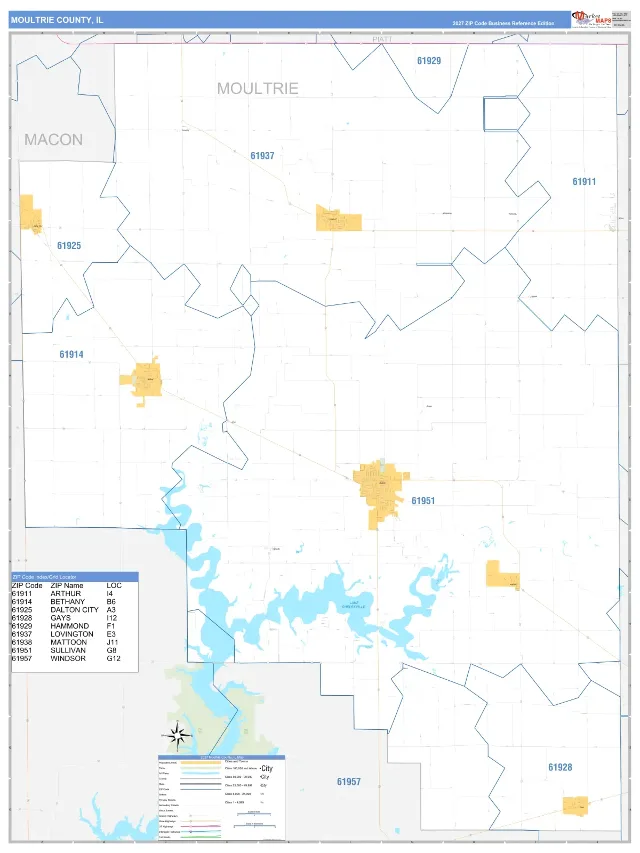 Moultrie County, IL ZIP Code Wall Map, Business Reference style