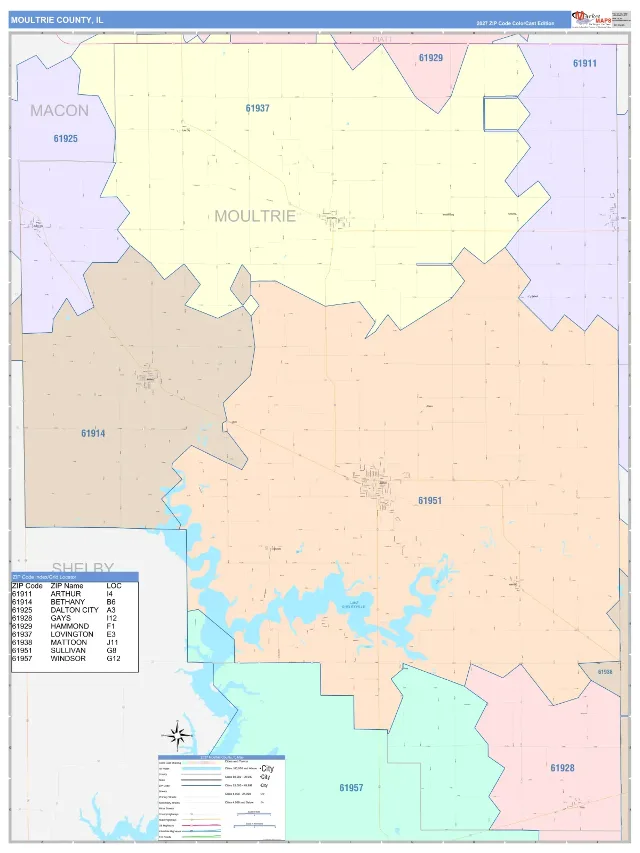 Moultrie County, IL ZIP Code Wall Map, ColorCast style