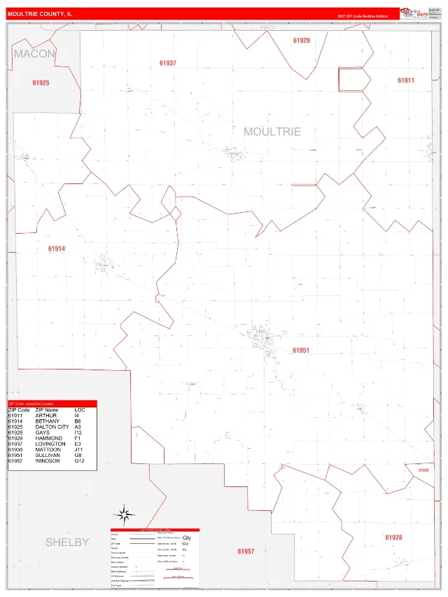 Moultrie County, IL ZIP Code Wall Map, RedLine style