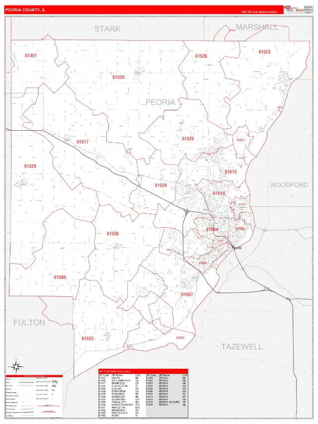 Peoria County, IL ZIP Code Wall Map, RedLine style