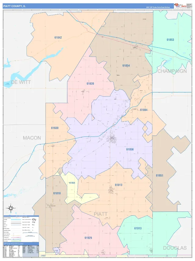 Piatt County, IL ZIP Code Wall Map, ColorCast style