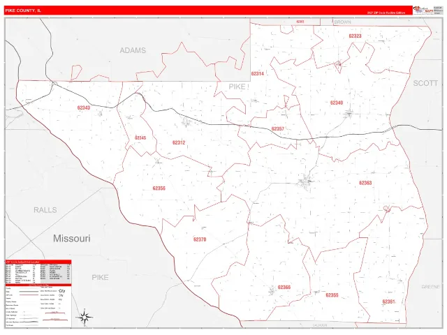 Pike County, IL ZIP Code Wall Map, RedLine style